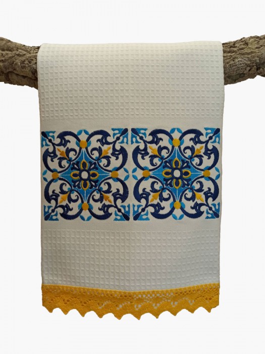 Pano de Cozinha Branco com Renda Amarelo