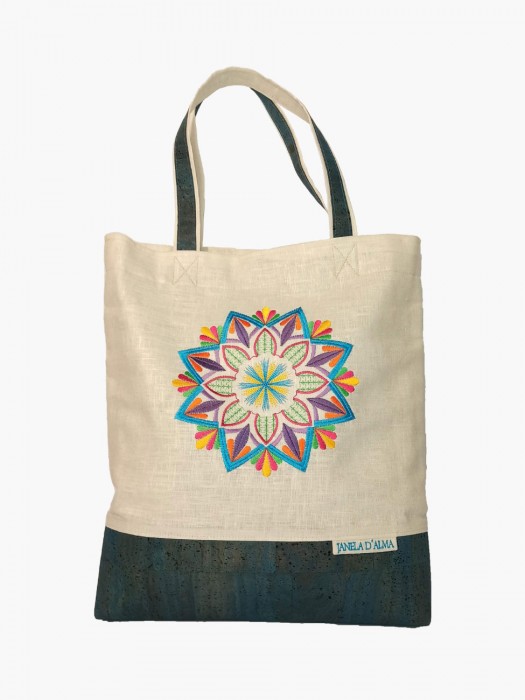 Bolsa azul de lino y corcho